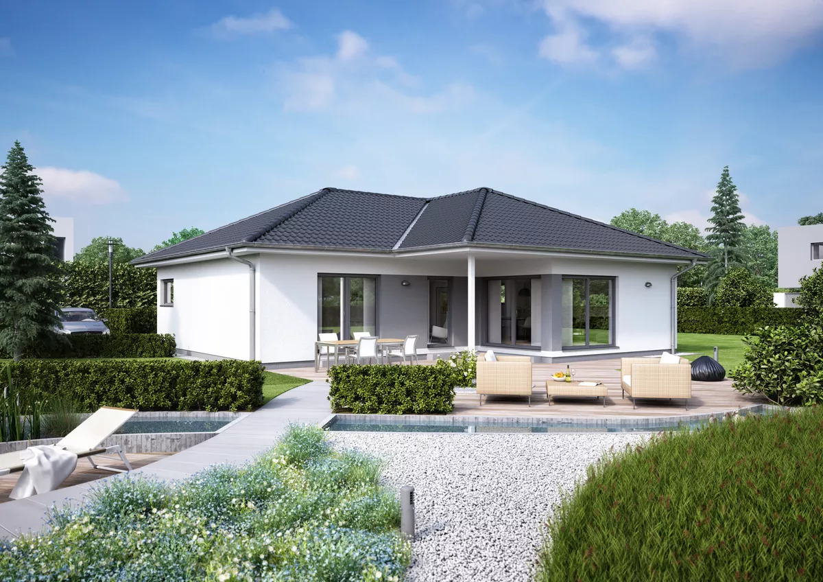 Gartenansicht Haustyp moderner Winkel-Bungalow INDIVIDUAL 124 mit Walmdach und überdachter Terrasse