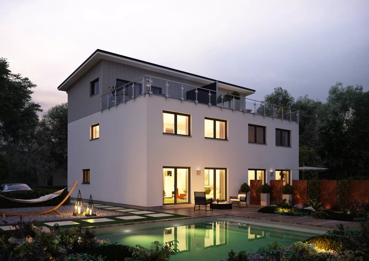 Haustyp Doppelhaus INDIVIDUAL 207 mit Flachdach und großer Dachterrasse