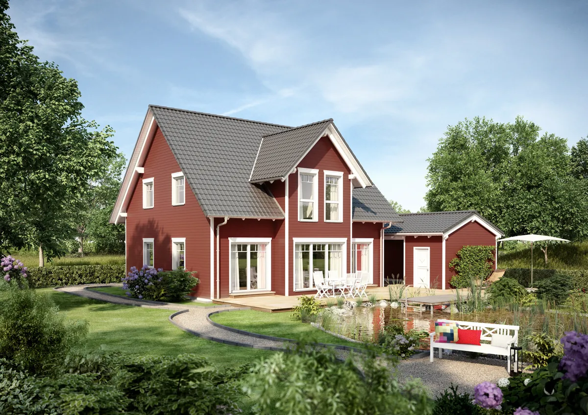 Gartenansicht Haustyp ECOPUR 153 - Einfamilienhaus mit roter Holzfassade im Schwedenhausstil