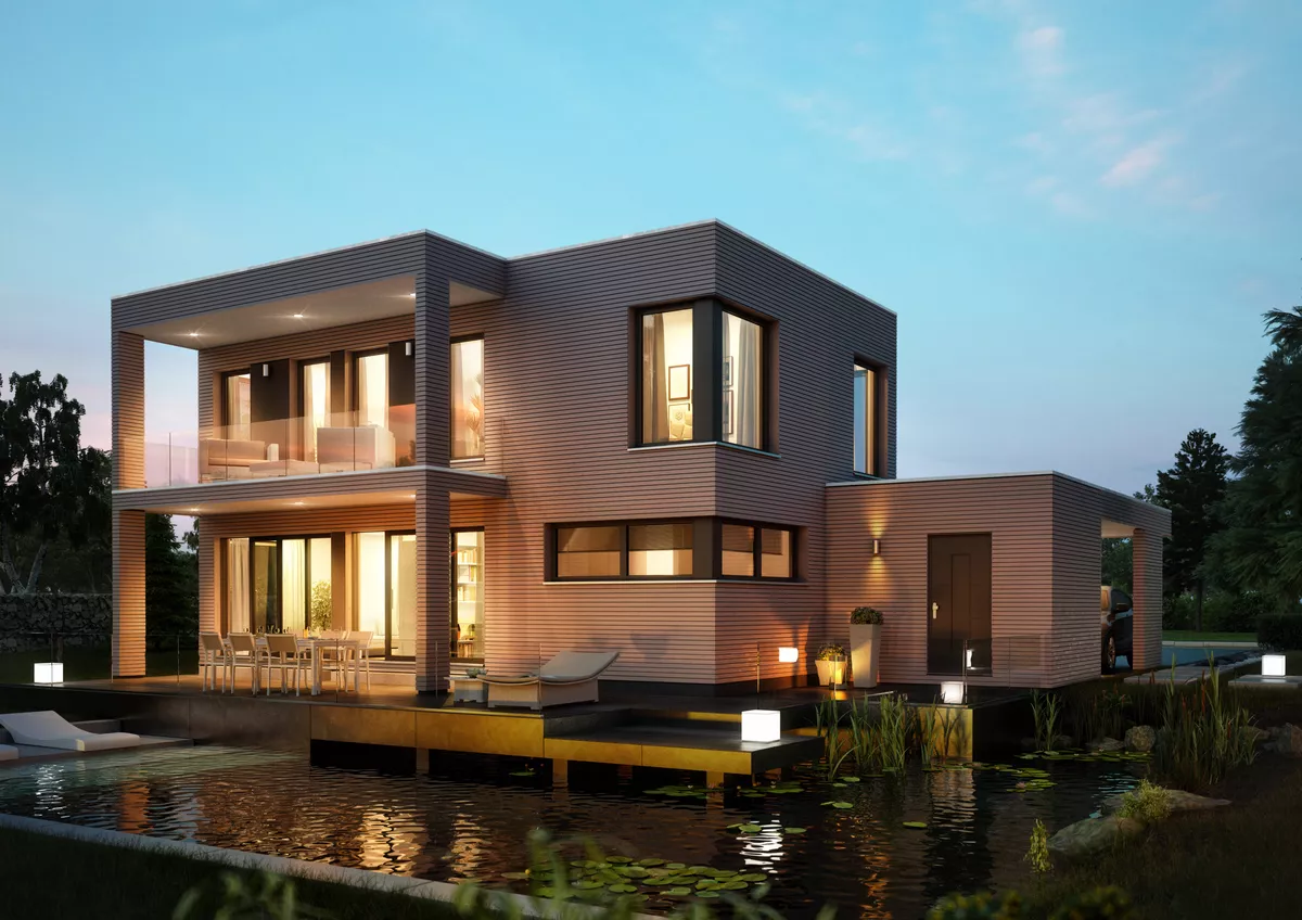 Gartenansicht Haustyp ECOPUR 173 - Einfamilienhaus mit Holzfassade, Flachdach und im Bauhausstil