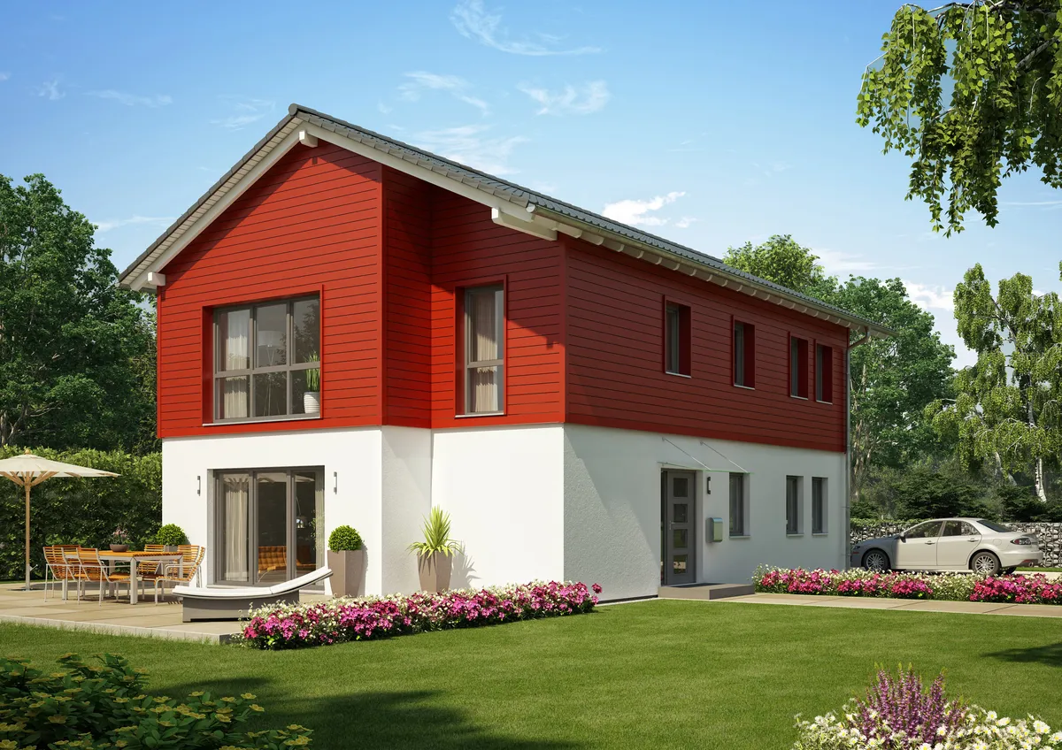 Gartenansicht Haustyp Einfamilienhaus INDIVIDUAL 181 - Neubau mit farbiger Teilholzfassade, Satteldach und zwei Vollgeschossen