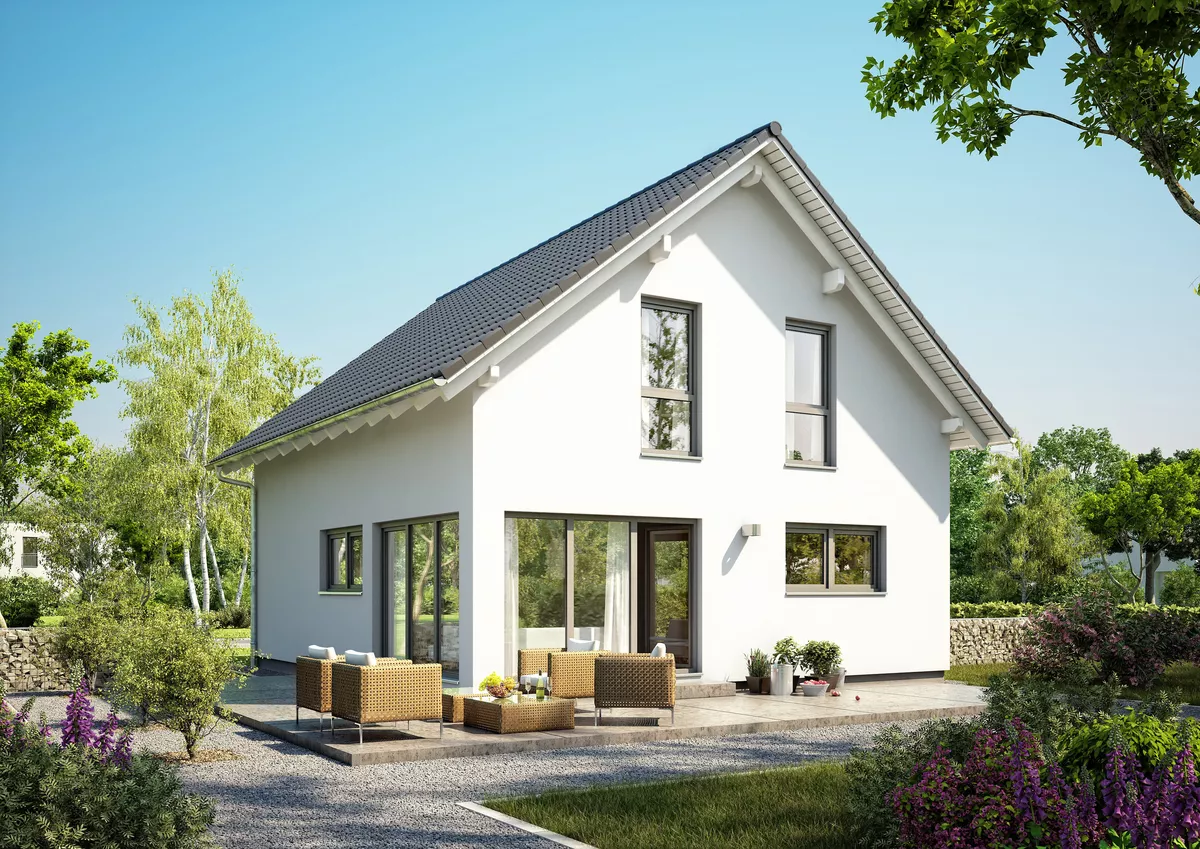 Gartenansicht Haustyp Einfamilienhaus SPEZIAL 131 - Neubau mit Satteldach und vielen Fenstern