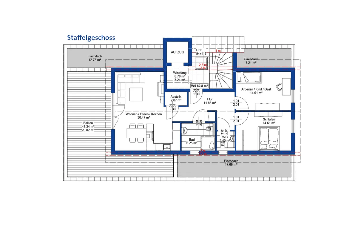 Grundriss des Staffelgeschosses eines Mehrfamilienhauses