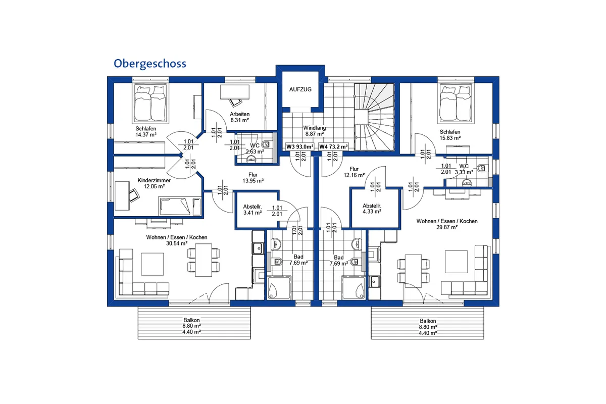 Grundriss des Obergeschosses eines Mehrfamilienhauses
